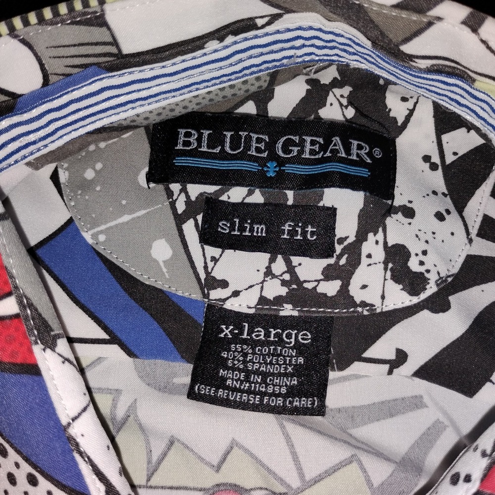 Blue Gear Comic Multi Color‎ Stretch Short Sleeve Button Abstract Graphics XL - Picture 13 of 16